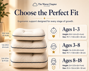 The Warm Chapter kids pillow size chart - three age bands with loft height and dimensions